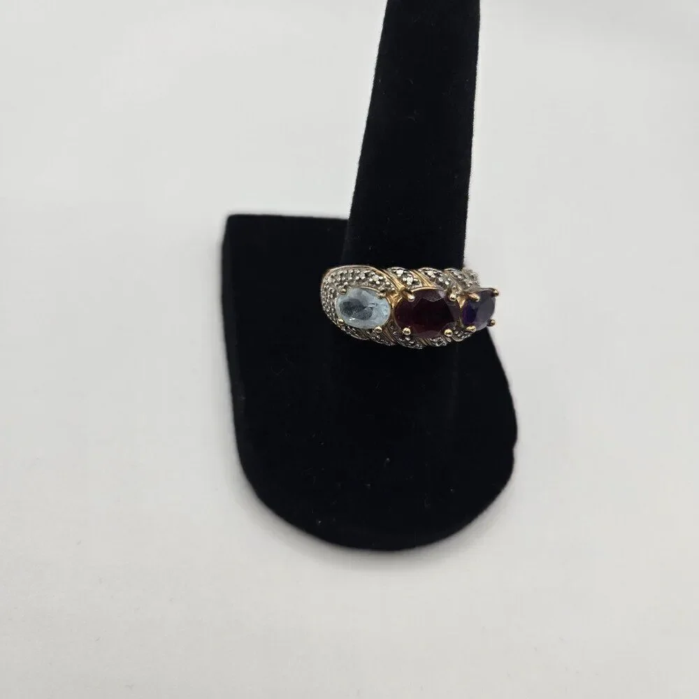 Gold Plated Sterling Silver Ring Sze 7 Amethyst Garnet Blue Topaz Diamond Accent